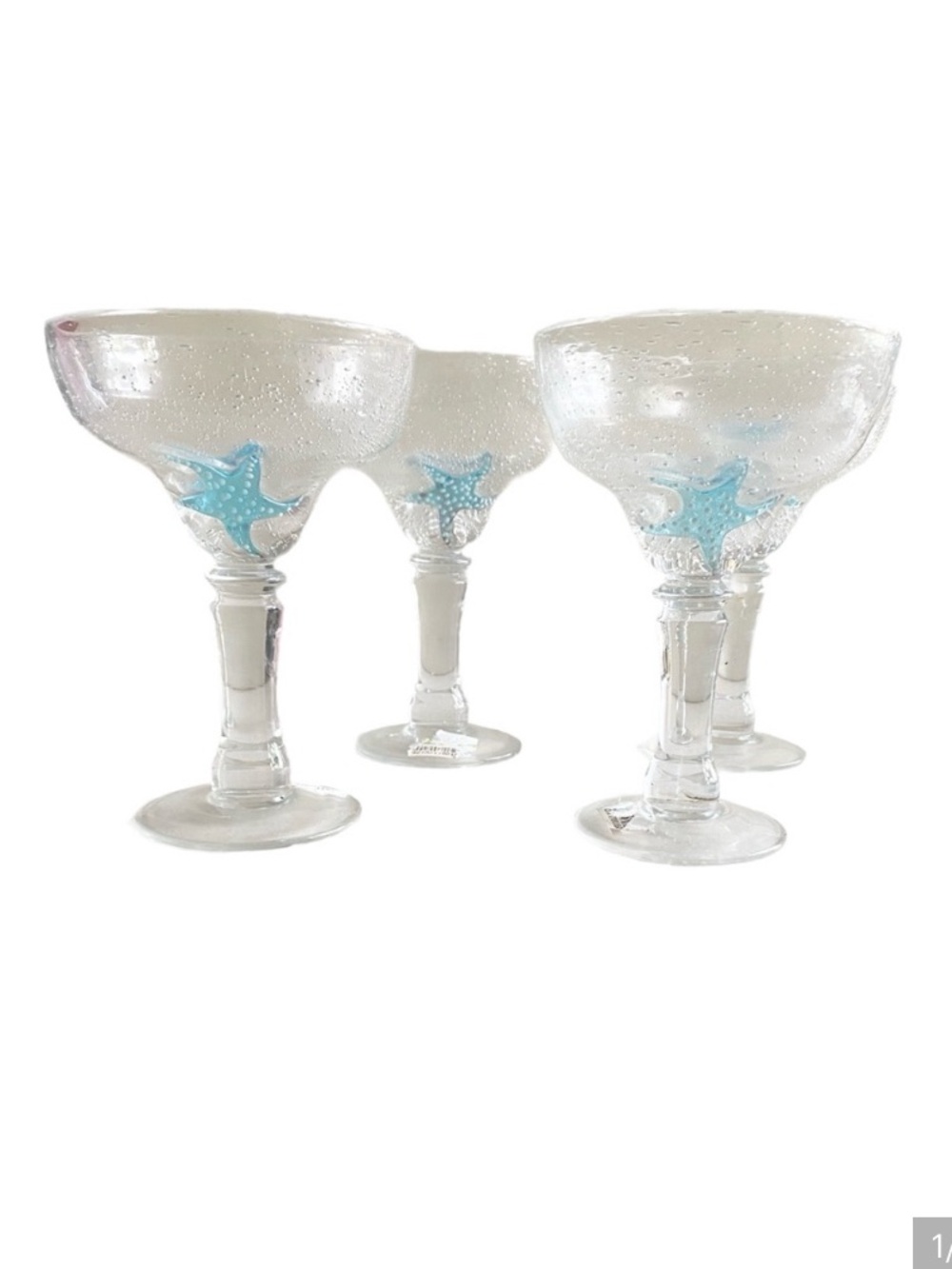 Lenox Set Of 4 Margarita Hand Blown Clear Bubble Glass With Aqua Starfish 16 oz.